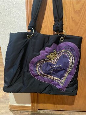 Vera Wang Black Tote with Purple Heart and Gold Sequin Accents
